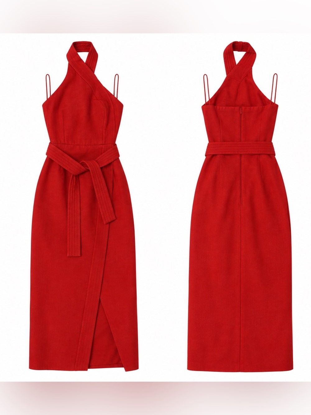 C/MEO Collective Red Halter Midi Jumpsuit with Waist Tie